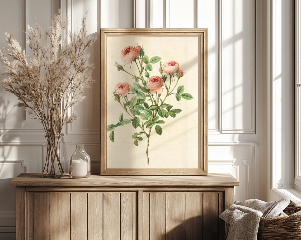 Blush Pink Garden Rose Stems Vintage Botanical Illustration Poster - Image 4