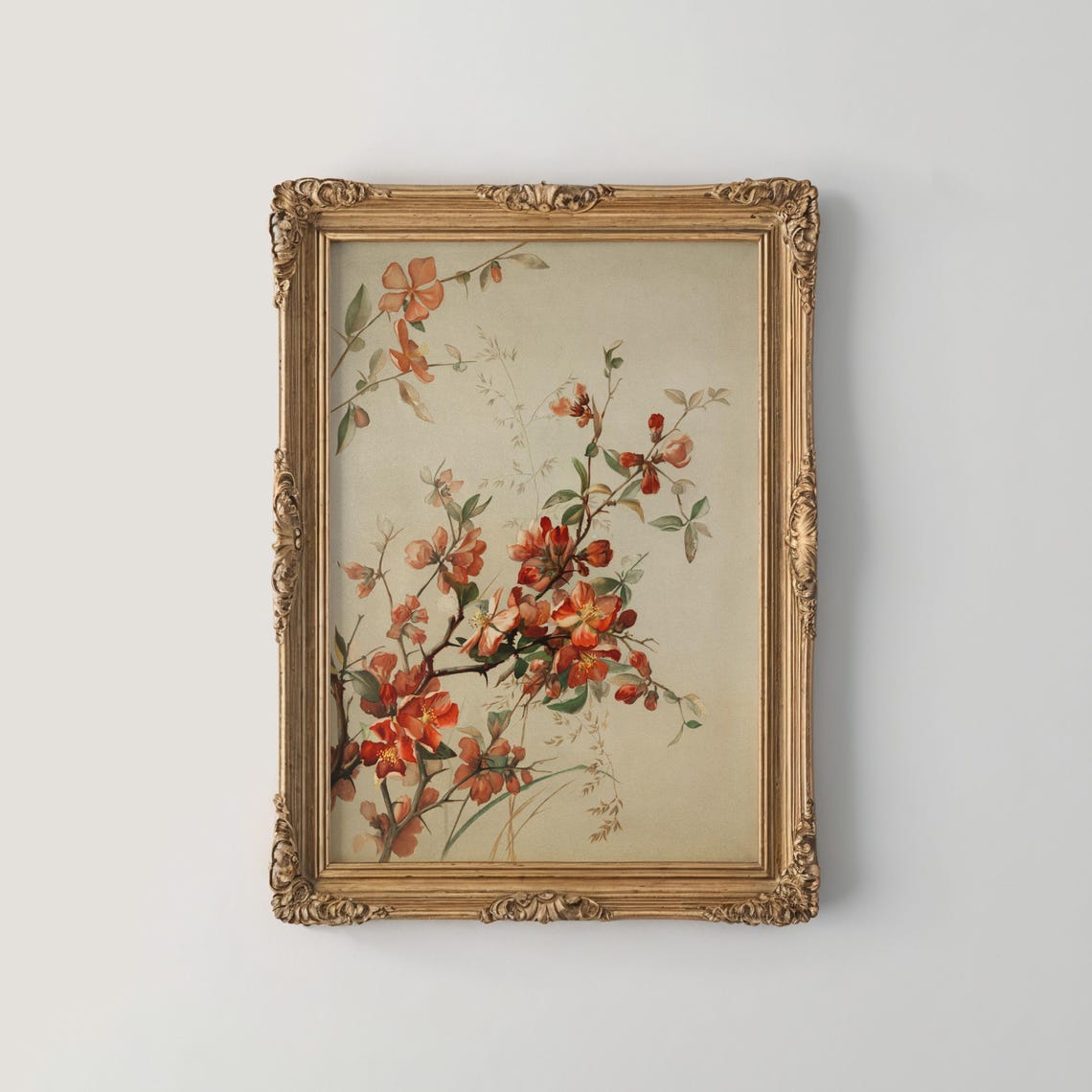 Red Quince Blossom Branch in Antique Botanical Illustration Poster