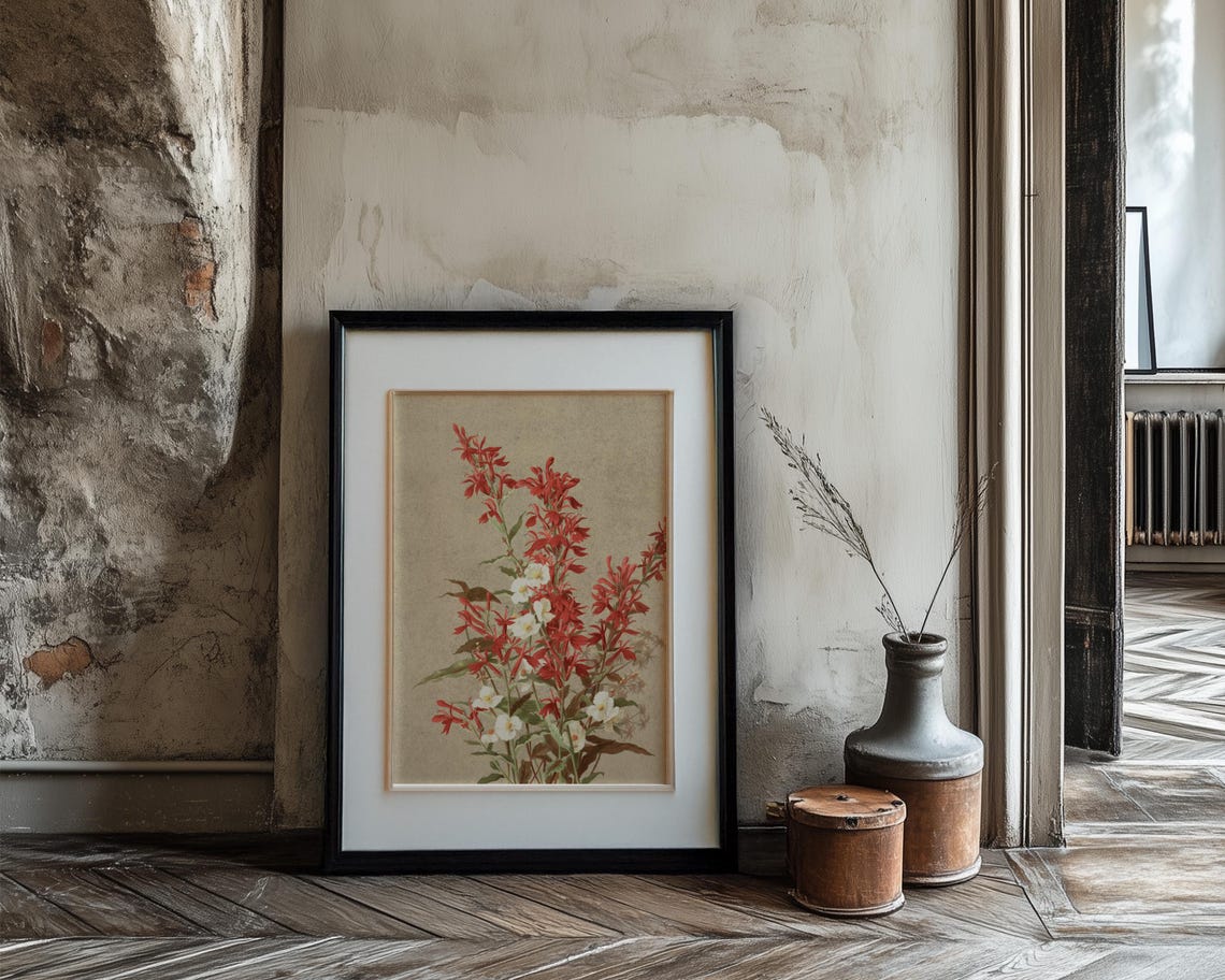 Crimson Monarda Wildflower Cluster in Vintage Botanical Art Poster - Image 3