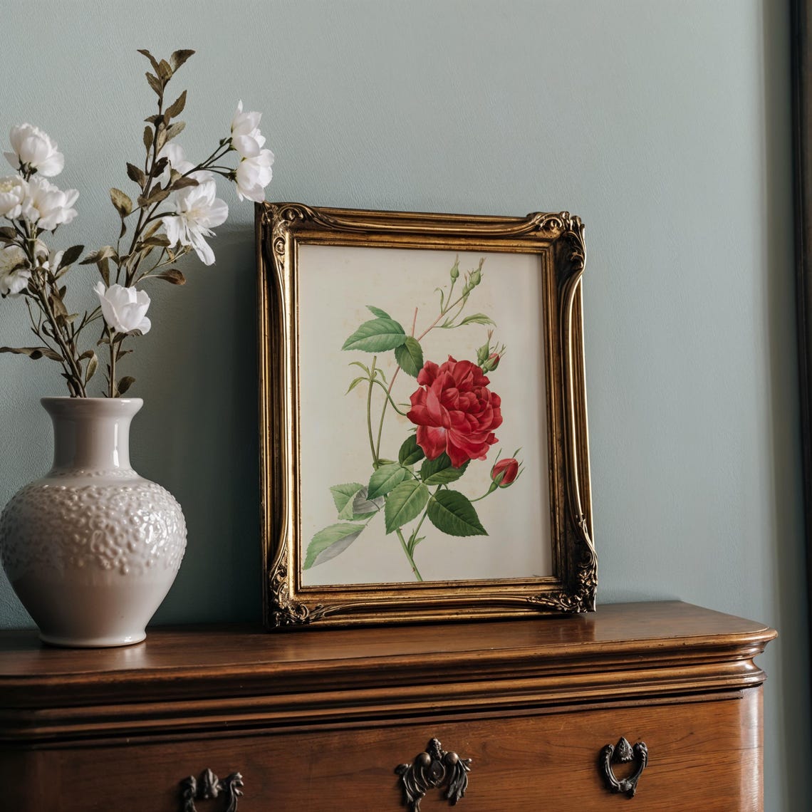 Crimson Red Rose Botanical Illustration with Buds Vintage Poster - Image 2