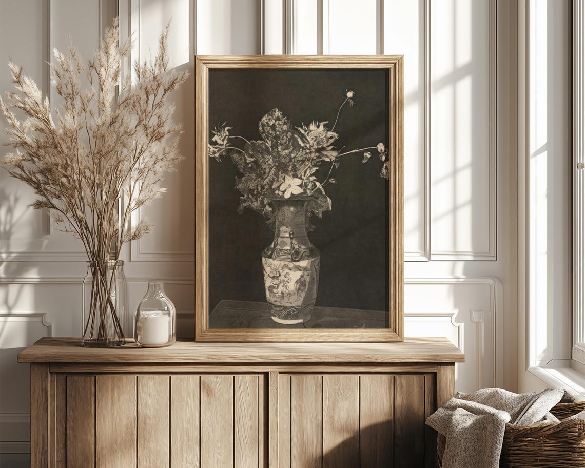 Monochrome Floral Still Life Chinese Vase Dark Background Poster - Image 4