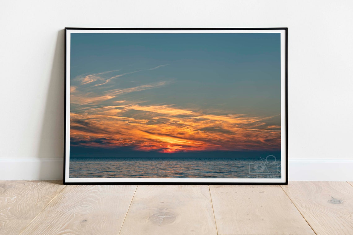 Orange Sunset Clouds Over Calm Sea Horizon Photography Poster