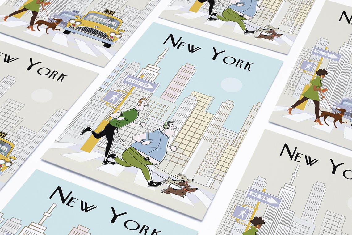 New York Poster Dog Poster Dog Walking Gift New York Illustration Cool Hip Poster Travel Poster Retro Travel Poster Retro New York - Image 2