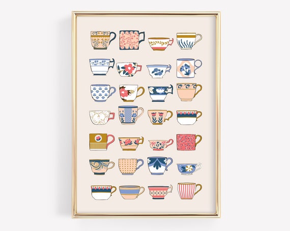Vintage Tea Cup Poster, Kitchen Art Print
