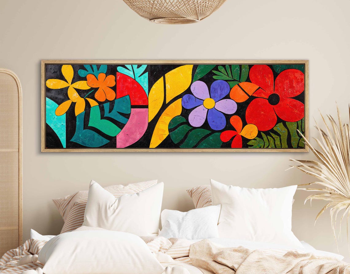 Bright Bold Colorful Abstract Flowers on Black Panoramic Print - Image 2