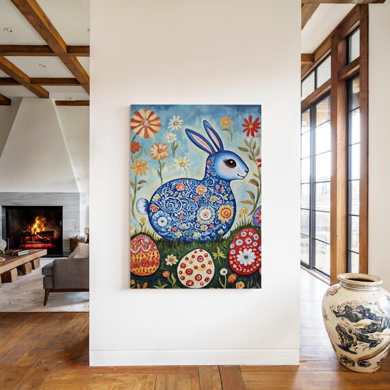 Folk Art Blue Easter Bunny Ornate Flowers Red Painted Eggs Spring Poster