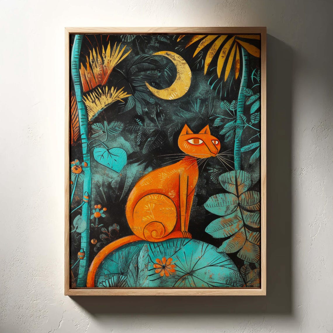 Orange Cat Under Crescent Moon Night Jungle Framed Wall Art Print - Image 3