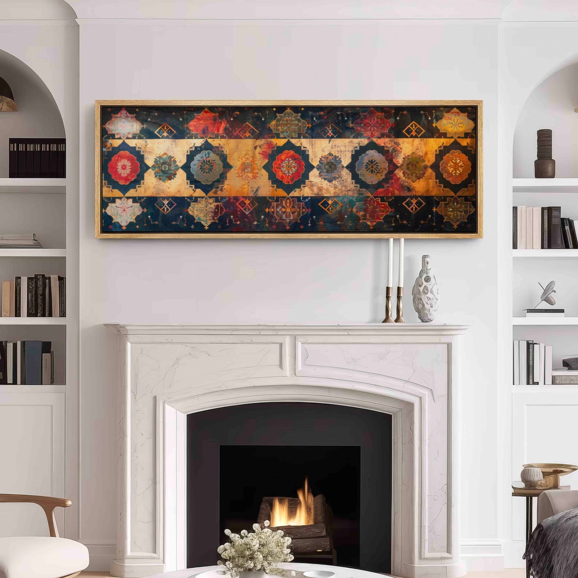 Vintage Gold Tapestry Ornate Medallion Textile Pattern Wall Art - Image 3