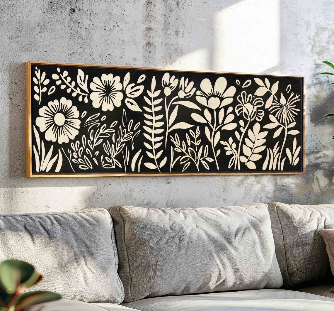 Black White Floral Silhouette Panoramic Modern Botanical Art Print