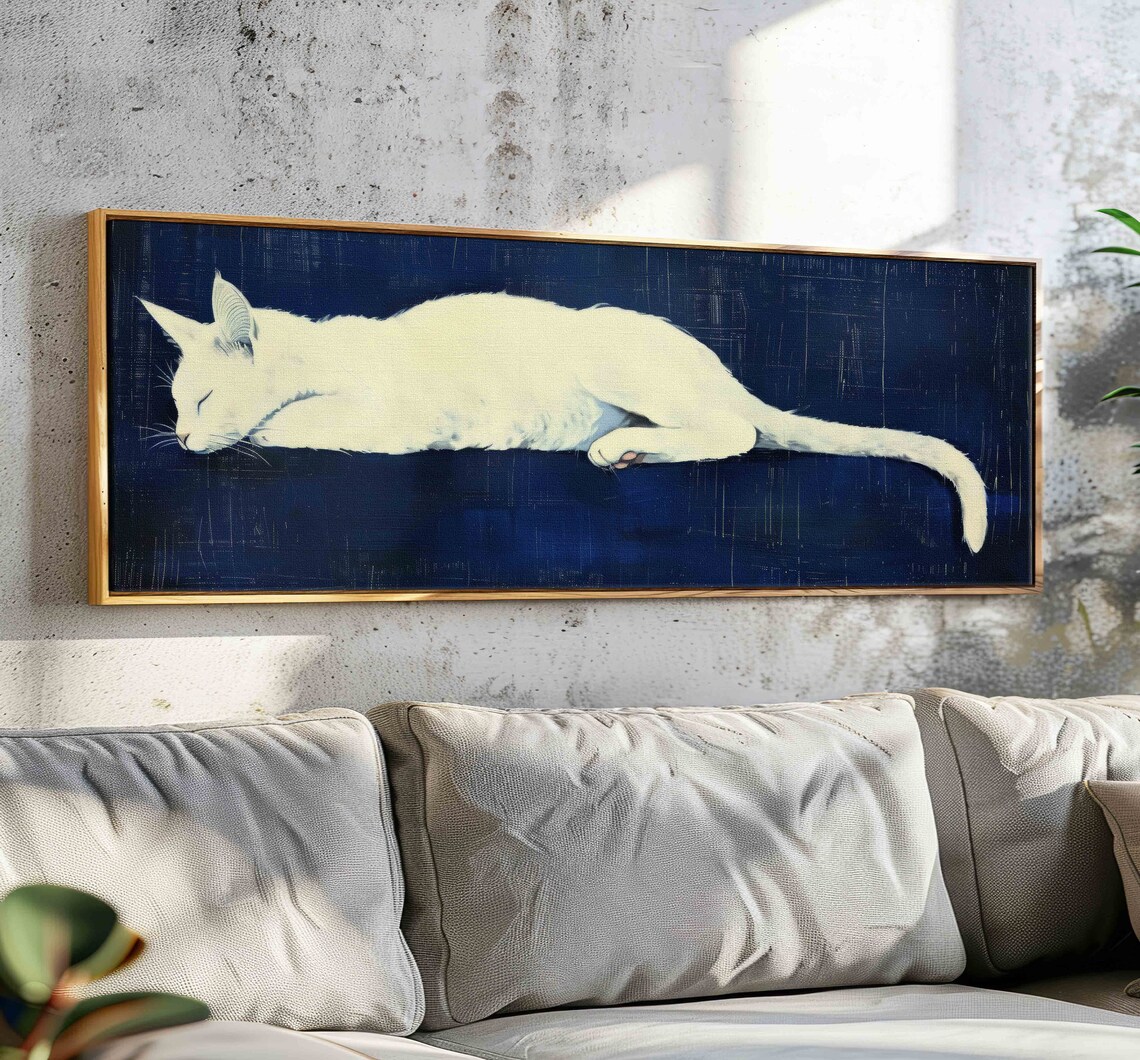 Navy Blue White Cat Art Print, Modern Animal Decor