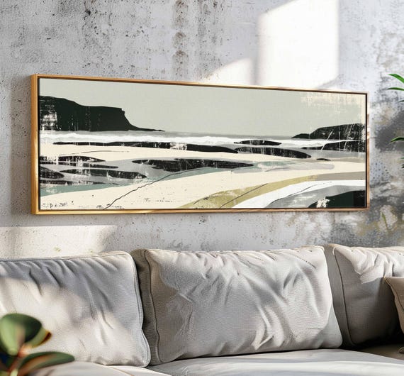 Modern Seascape Wall Art Framed Horizontal Calm Moody Wall Art Minimalist Large Wide Wall Art Framed Above Bed Decor Wall Decor