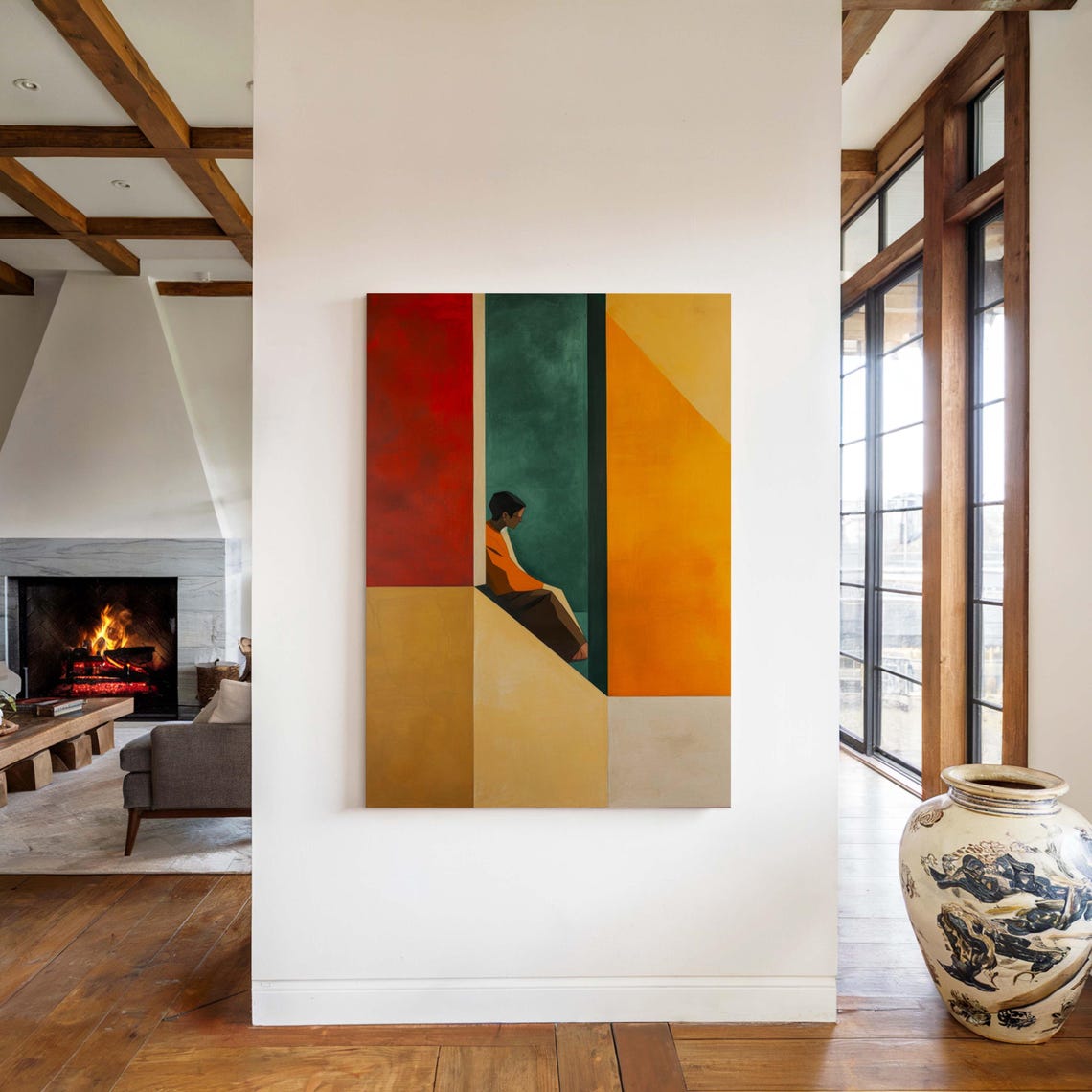 Seated Figure With Bold Red Green Ochre Color Blocks Modern Wall Art