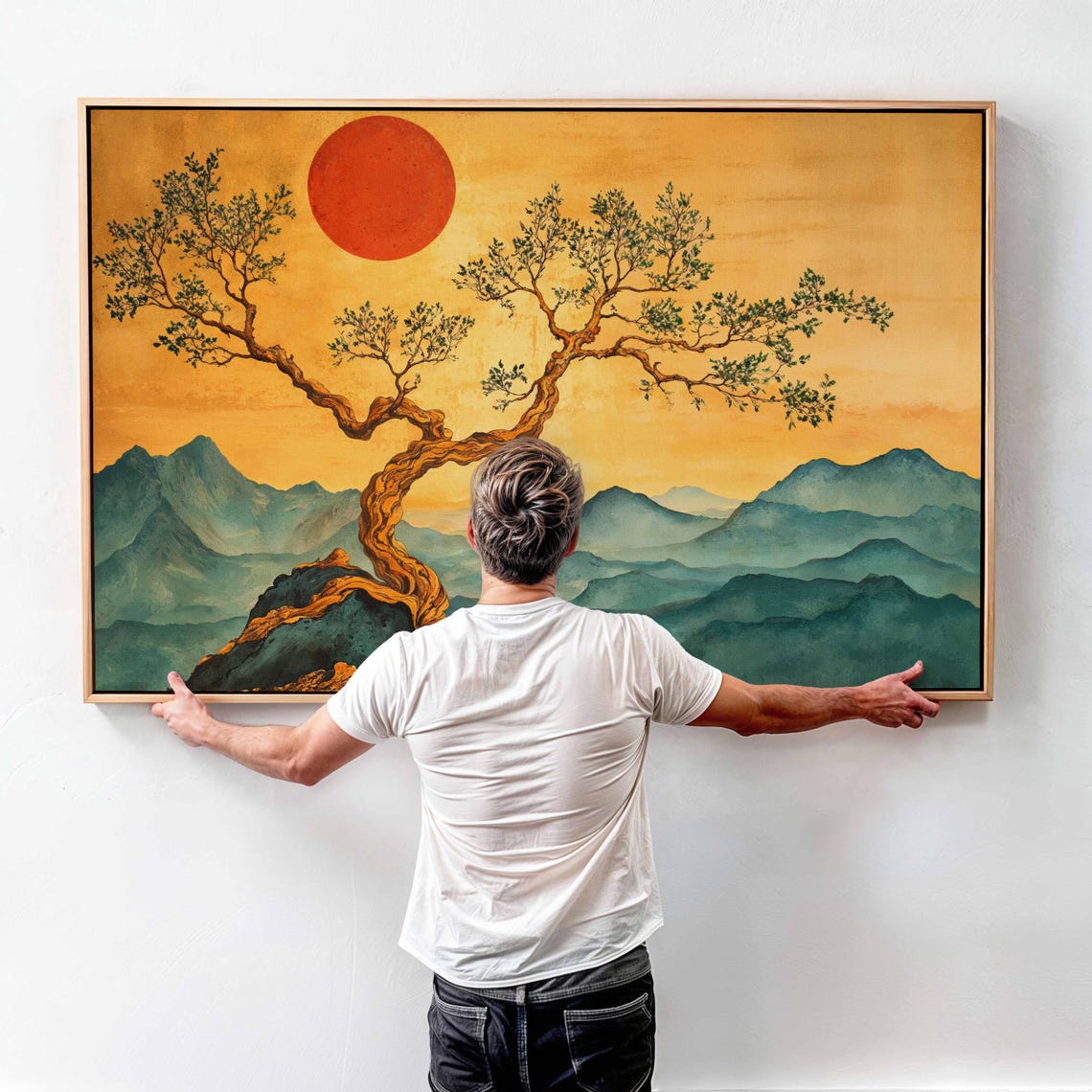 Japanese Red Sun Over Mountains Twisted Tree Golden Sky Wall Art - Image 4