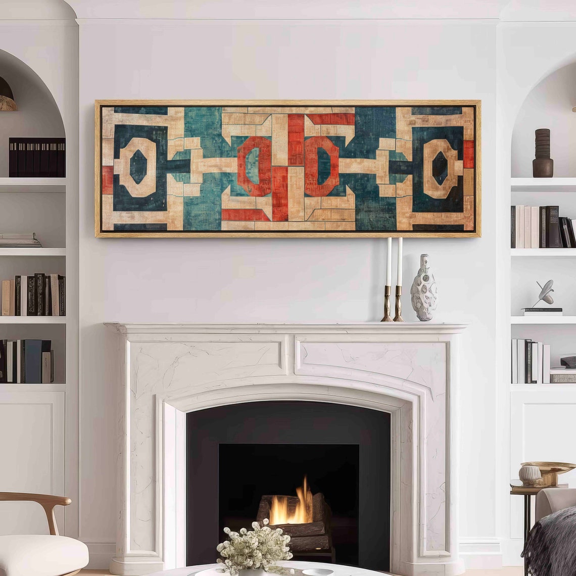 Beige Teal Red Geometric Vintage Tapestry Textile Pattern Wall Art - Image 3