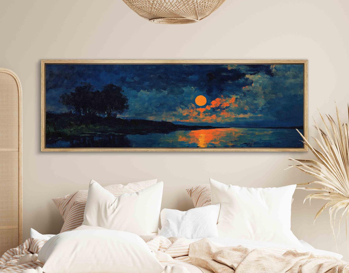 Sunset Over The Blue Lake Moody Panoramic Print Minimal Horizontal Wall Art Framed Vintage Painting Print Boho Wall Art - Image 2