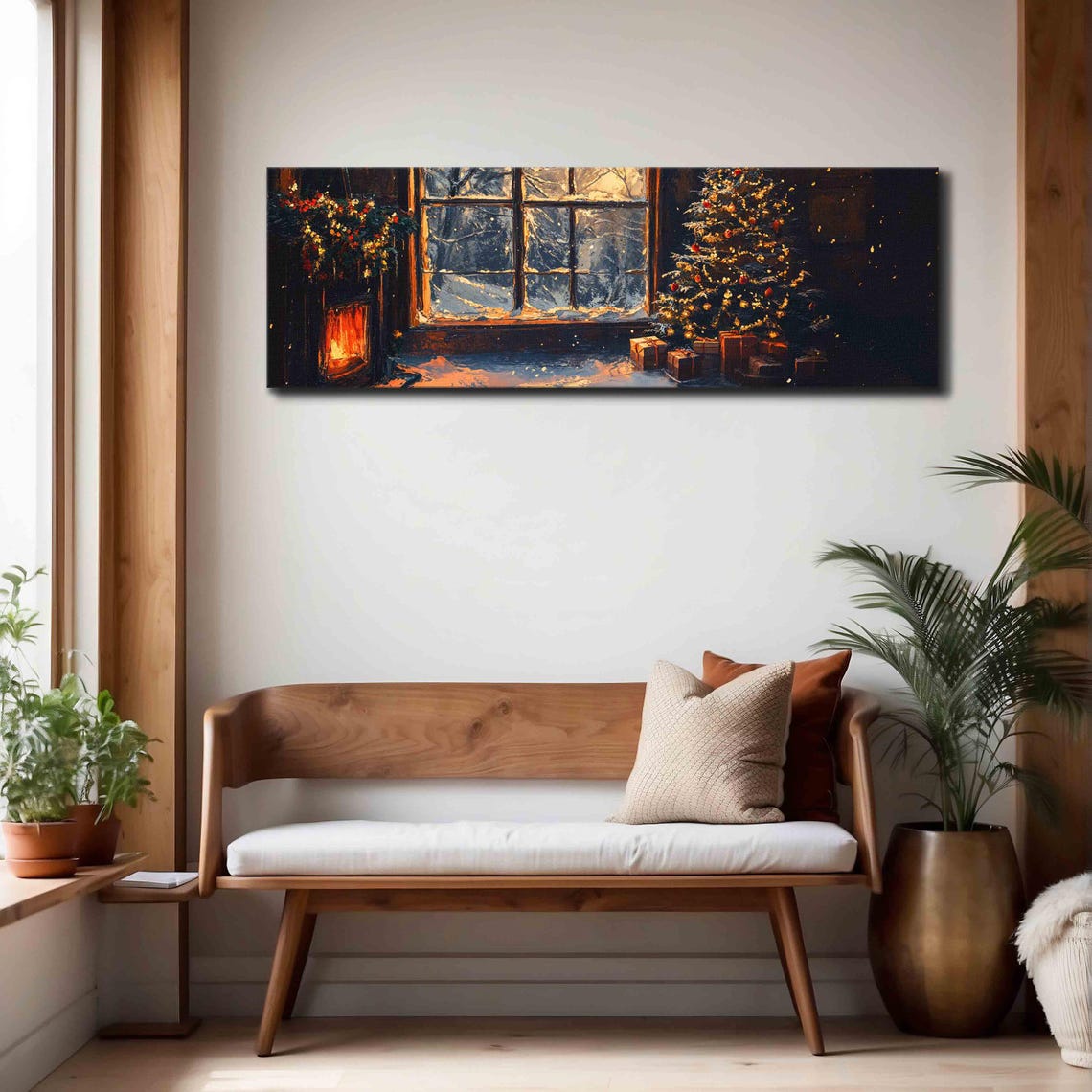 Cozy Christmas Night Lit Tree Fireplace Snowy Window Painting Wall Art - Image 4