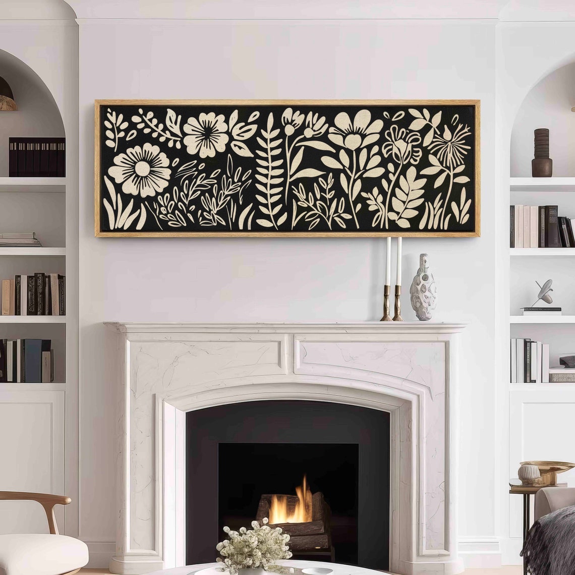 Black White Floral Silhouette Panoramic Modern Botanical Art Print - Image 2