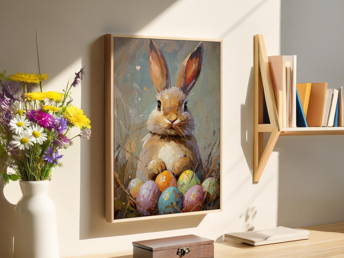 Cute Easter Bunny Colorful Painted Eggs Spring Meadow Painting Poster - Image 4