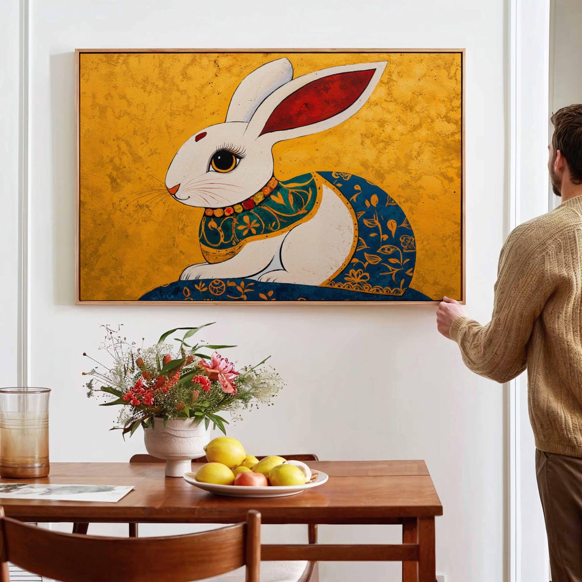 Folk Art Rabbit Gold Background Ornate White Bunny Decor Poster - Image 2