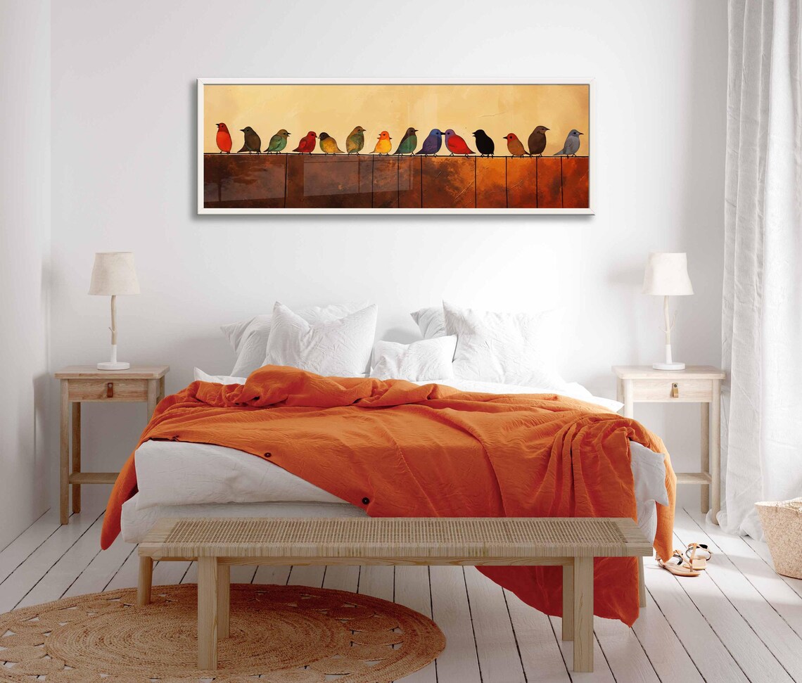 Colorful Birds On Wire Mid Century Modern Abstract Folk Art Poster - Image 2