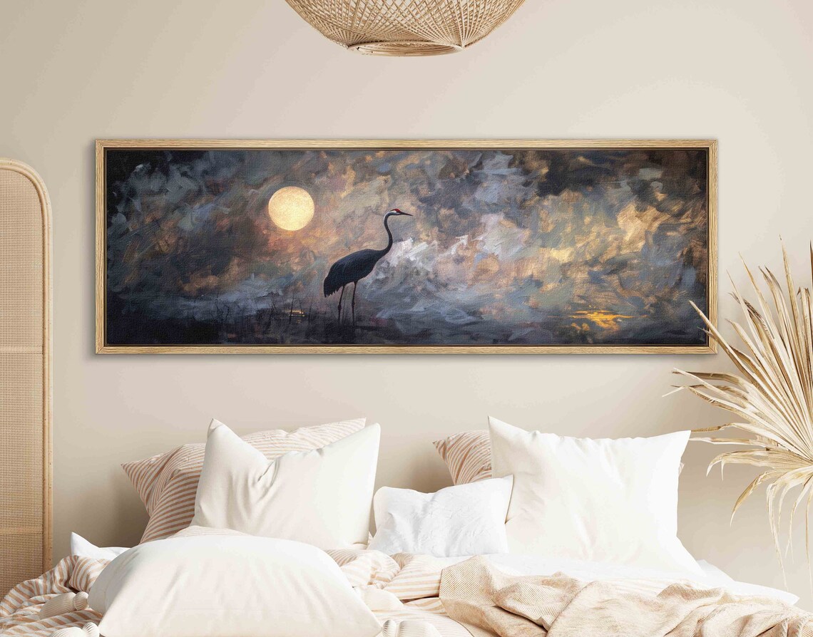 Moon and Crane Moody Seascape Horizontal Art Print - Image 4