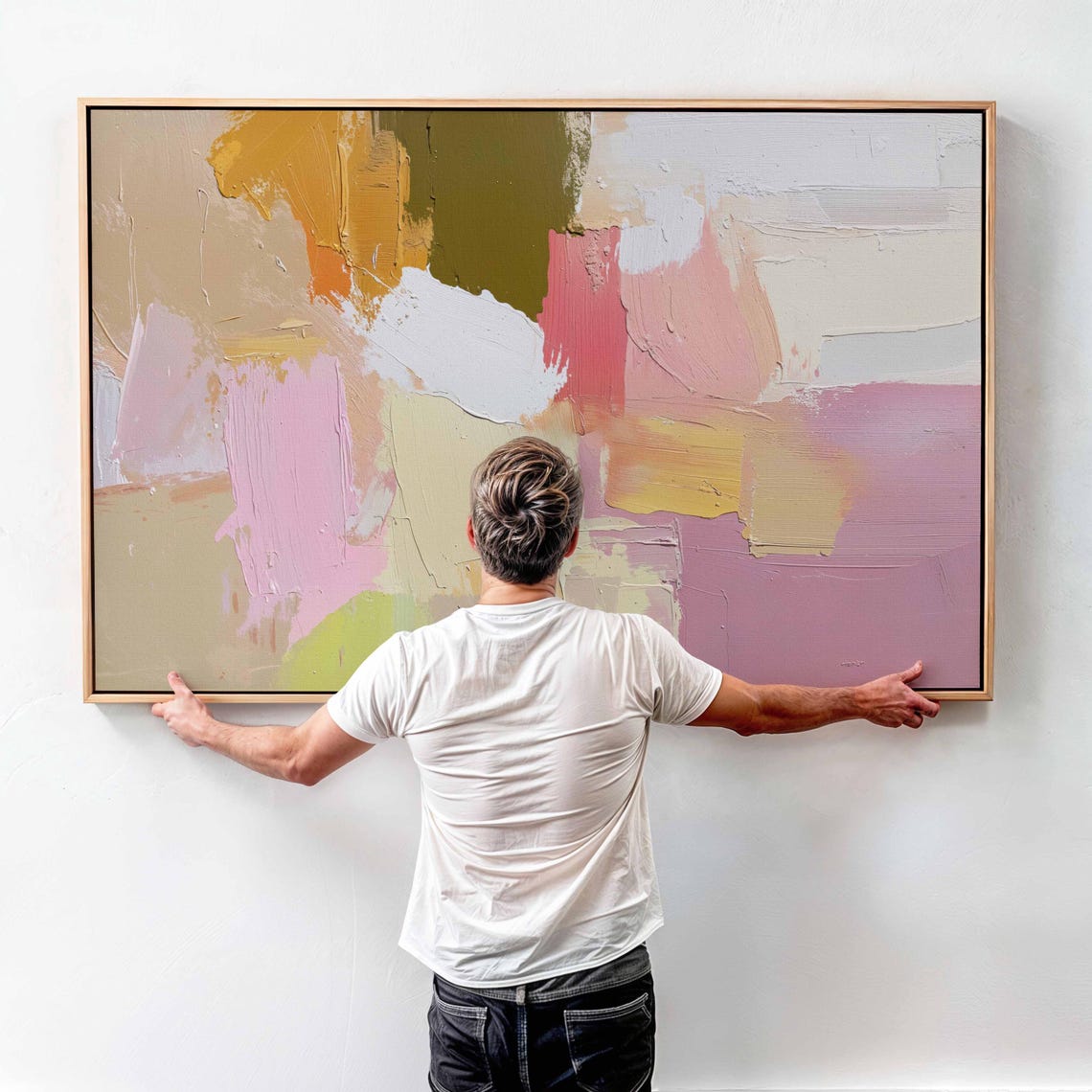 Pastel Abstract Textured Brushwork Pink Yellow Cream Modern Wall Art - Image 4
