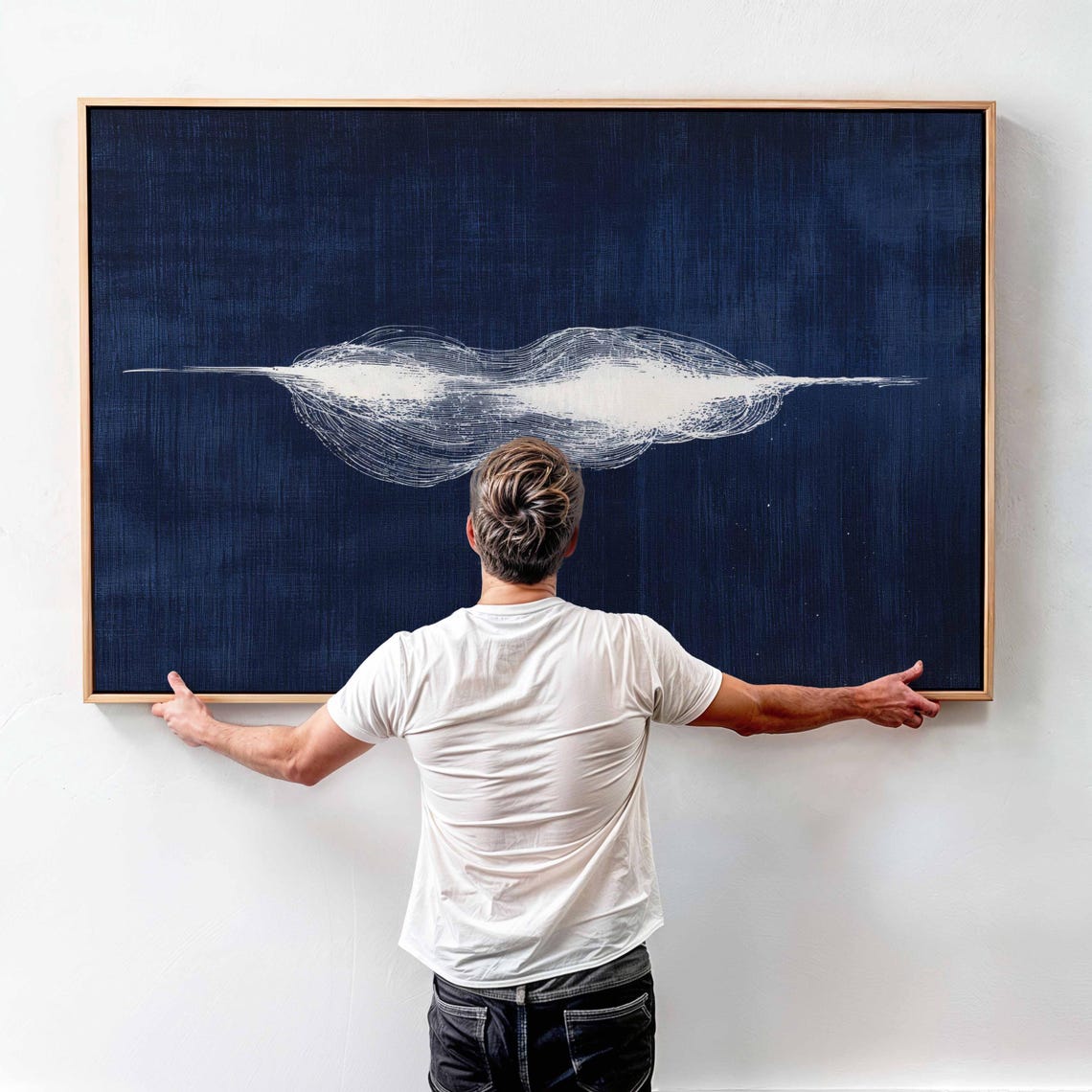 Minimalist White Cloud Burst Deep Navy Blue Abstract Art Poster - Image 4
