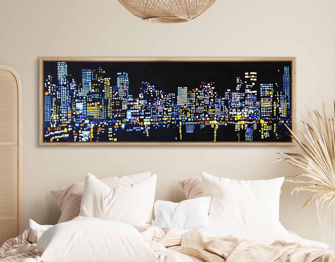 Night City Skyline Mosaic of Glowing Lit Windows Panoramic Wall Art - Image 2