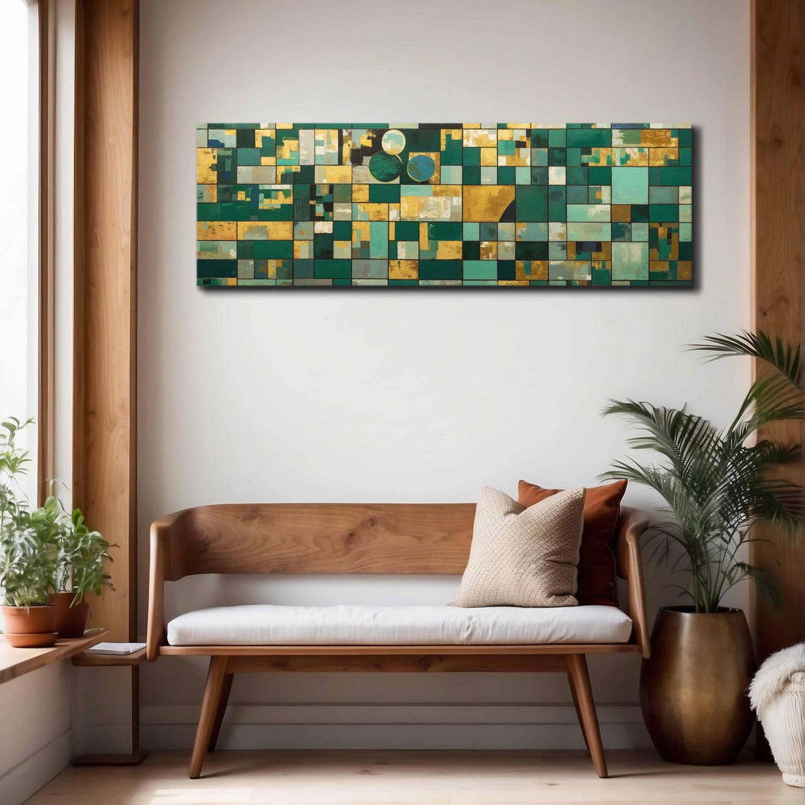 Emerald Green Gold Geometric Mosaic Grid Panoramic Framed Art Print - Image 4