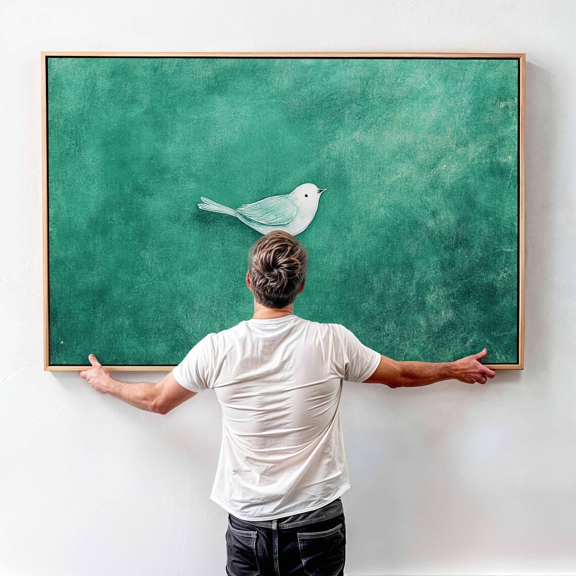 White Bird Emerald Green Minimalist Bird Painting Peaceful Art Poster - Image 3