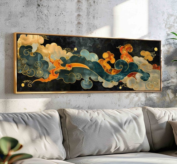 Framed Art Nouveau Cloud Wall Art Horizontal Modern Wall Art Vintage Moody Wall Art Panoramic Cloud Print Calm Wall Art Above Bed Decor