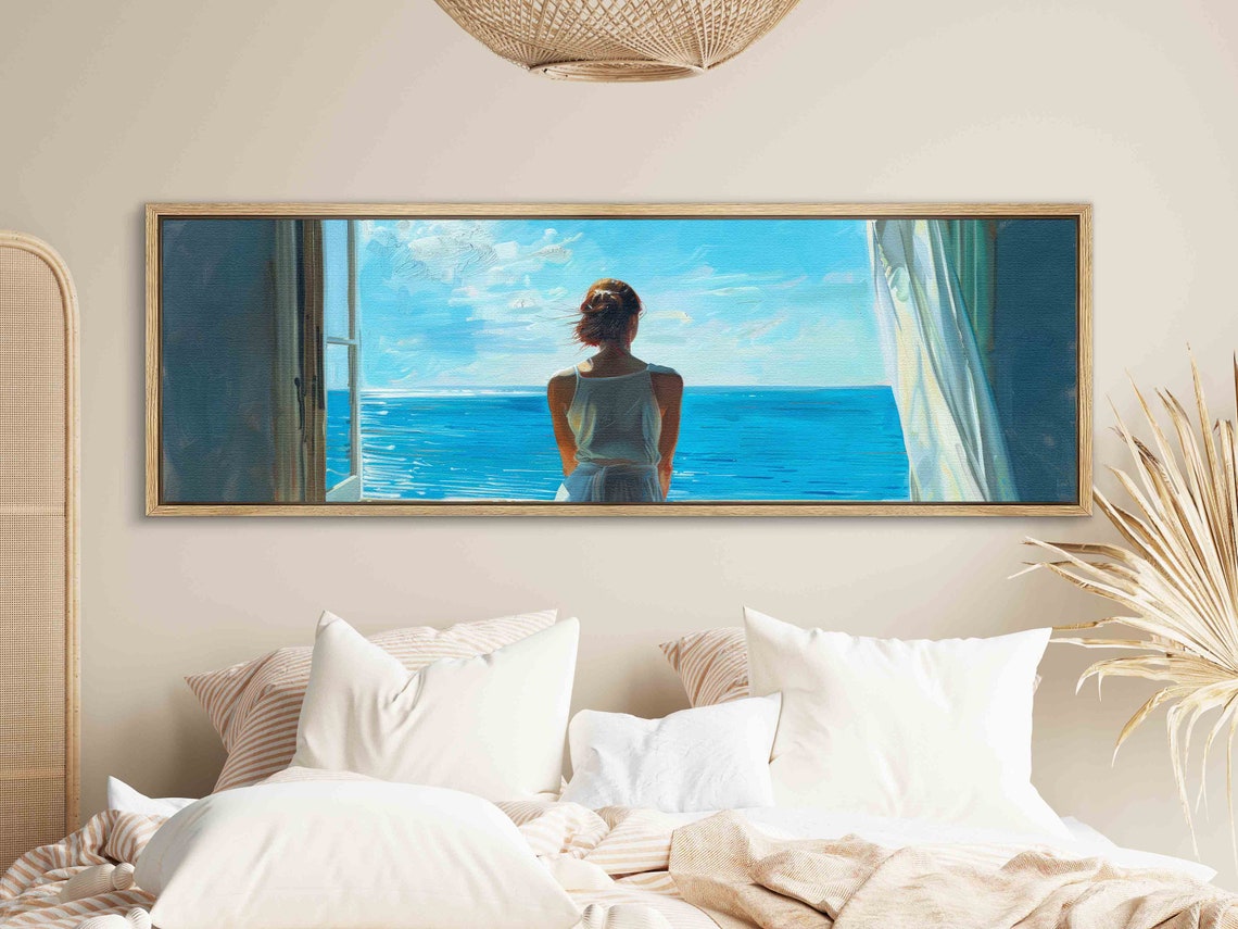 Woman Gazing at Blue Ocean From Open Window Serene Coastal Wall Art - Image 2