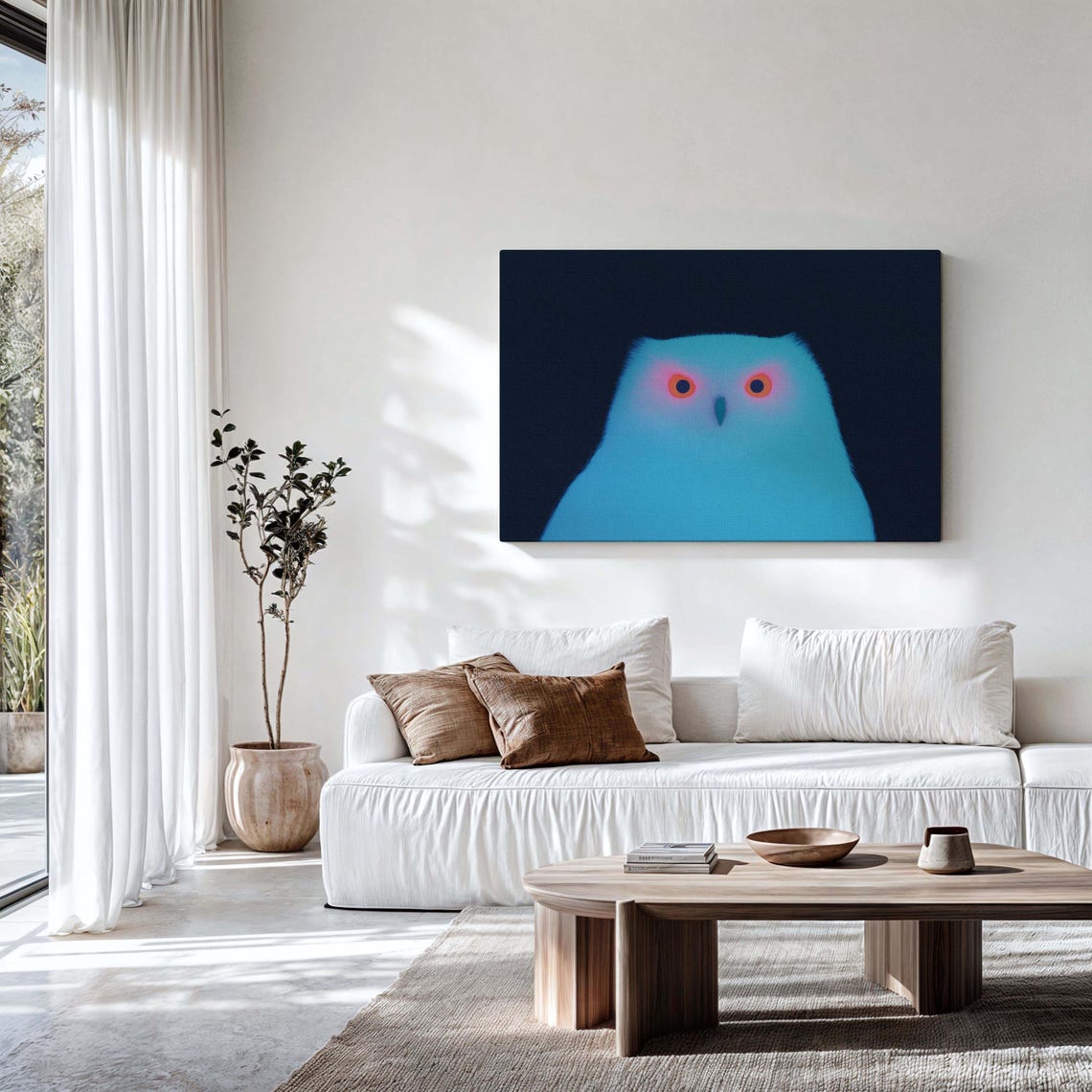 Blue Owl Glowing Orange Eyes Dark Navy Minimalist Animal Art Print - Image 3