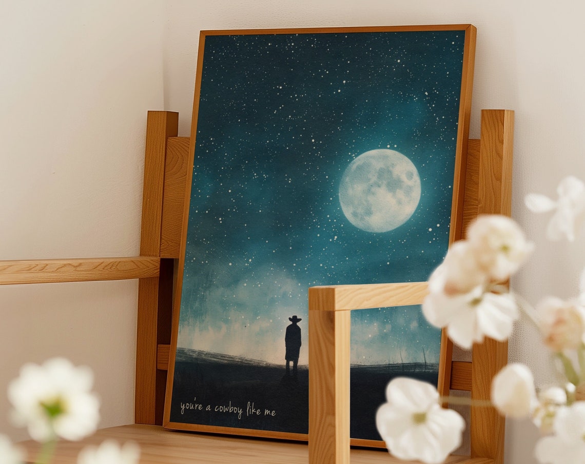 Cowboy Silhouette Under a Starry Moonlit Night Quote Wall Art