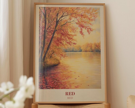 Red Autumn Lake With Falling Leaves Cozy Watercolor Art Print
