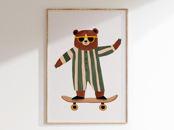 Skateboarding Bear Nursery Wall Art, Playful Decor