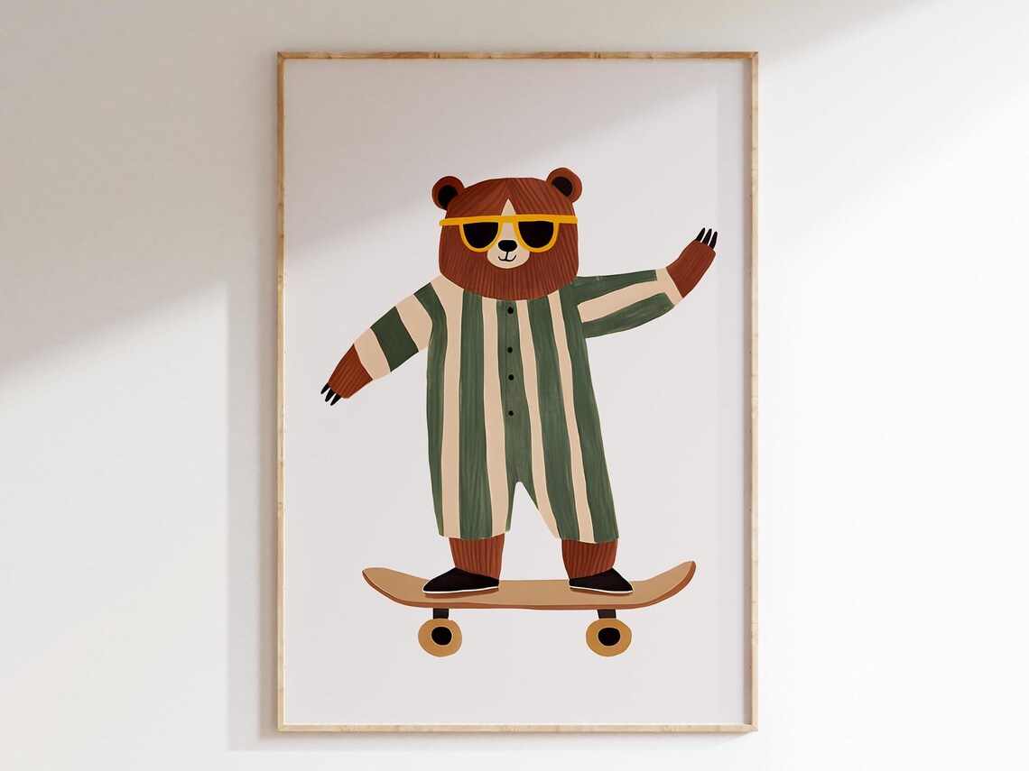 Skateboarding Bear Nursery Wall Art, Playful Decor