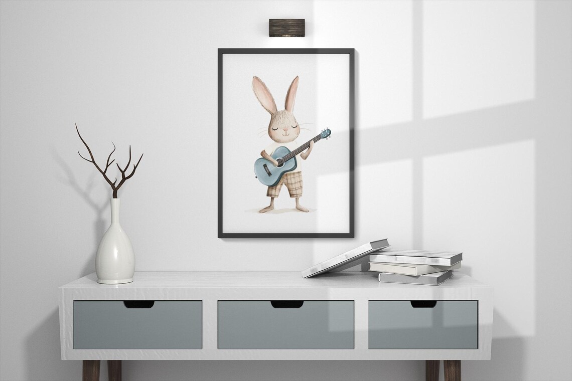 Hipster Rabbit Playing Guitar, Boho Nursery Art Print - Image 2