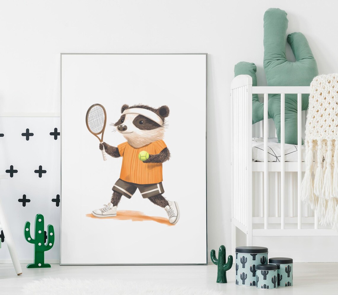 Badger Playing Tennis in an Orange Shirt and Headband Poster - Image 3