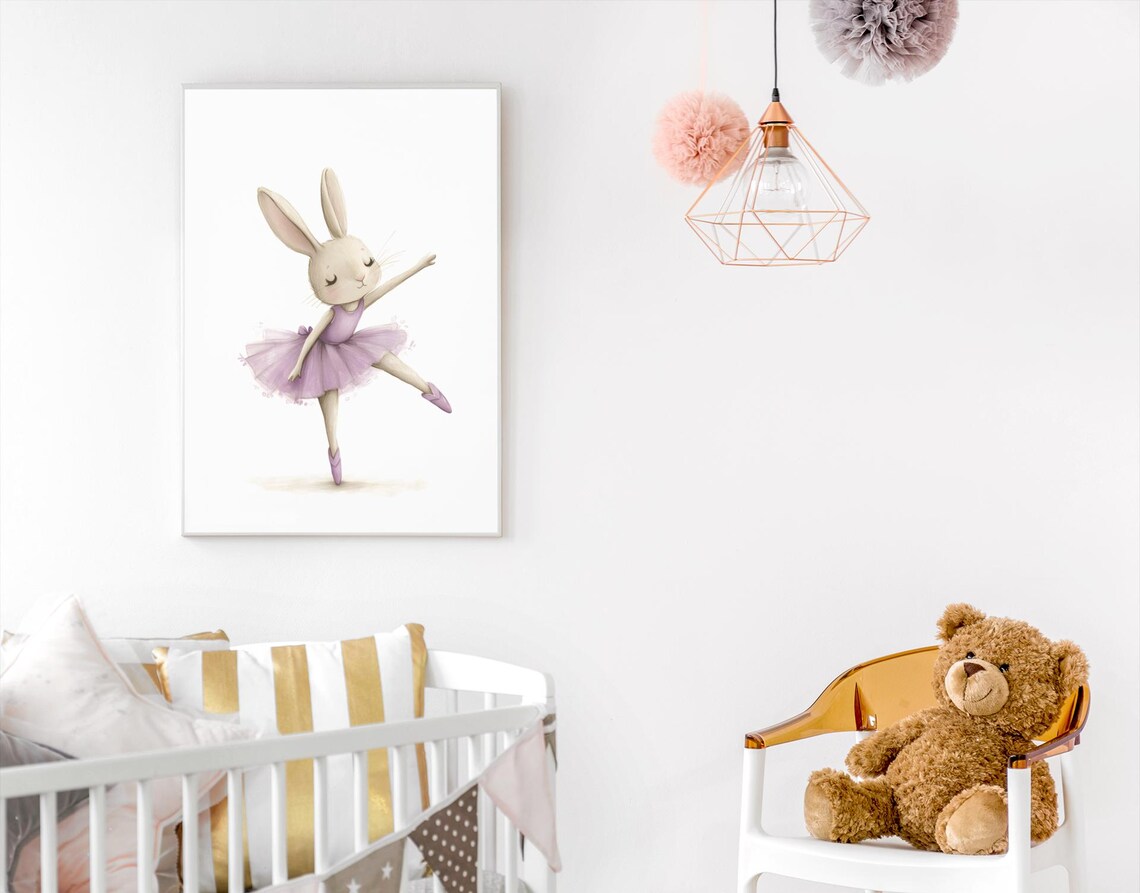 Ballerina Bunny Dancing in Purple Tutu Watercolor Nursery Poster - Image 4