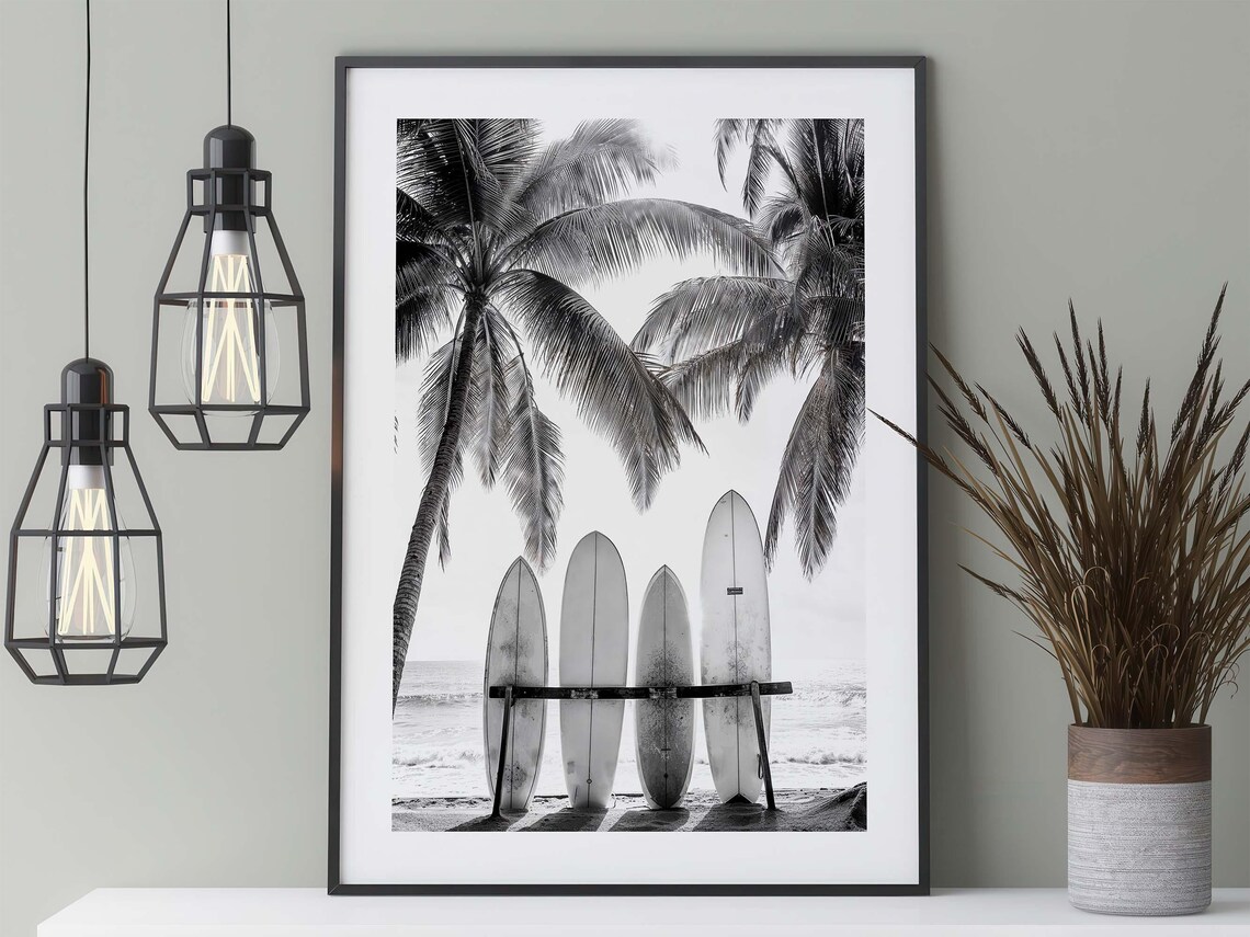 Surfboards On The Beach, Black and White Photo Art Print - Image 3