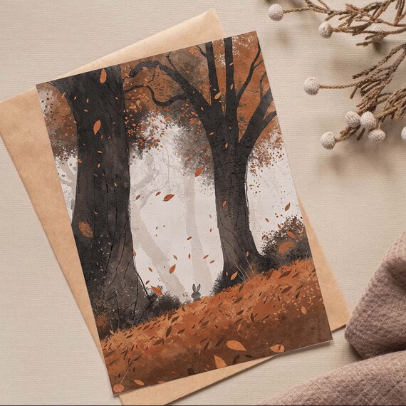 Sweet Autumn Forest Bunny Watercolor Orange Leaves Falling Poster