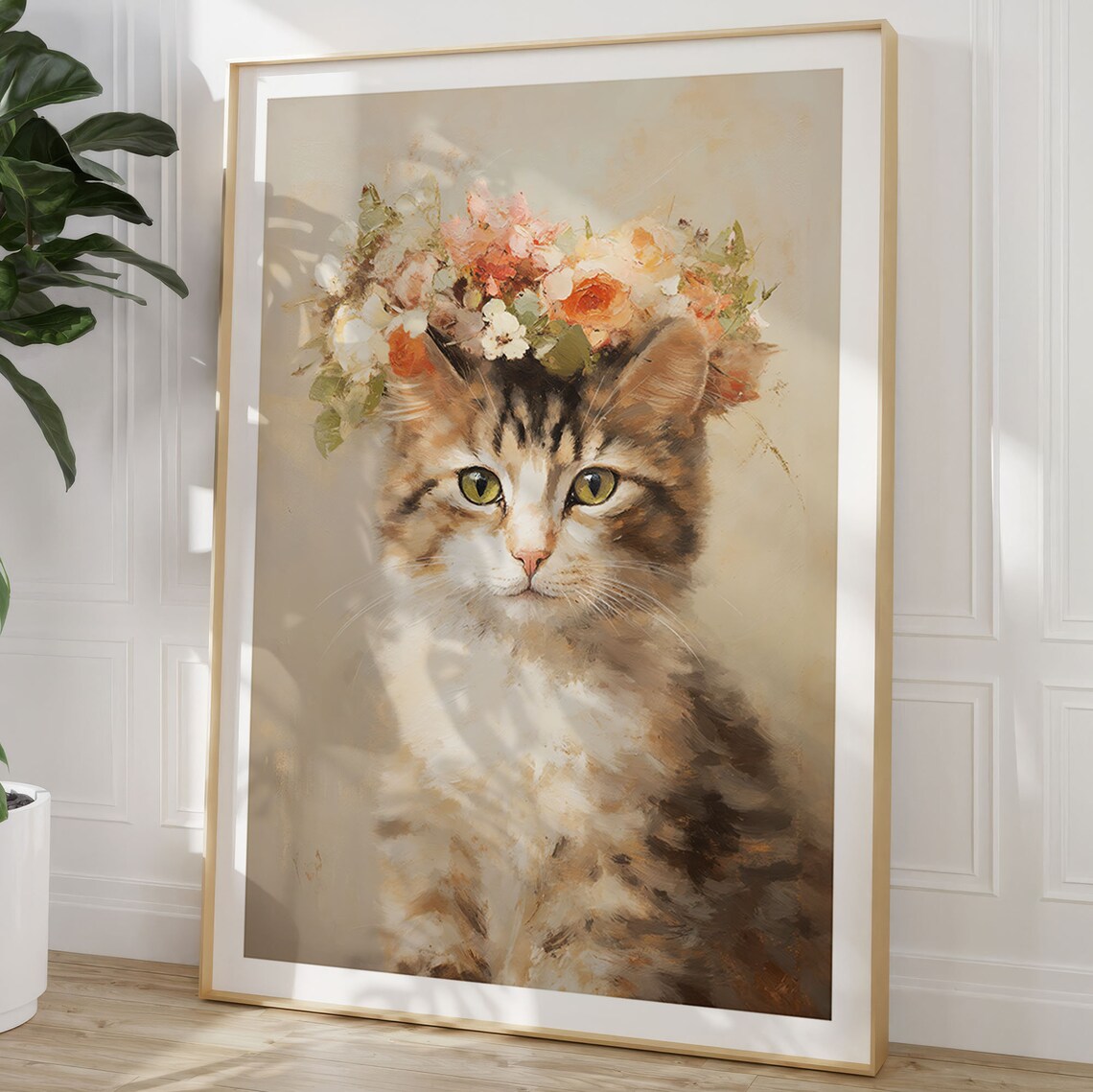 Cute Cat with Flower Wreath Vintage Style Oil Painting Poster - Image 3