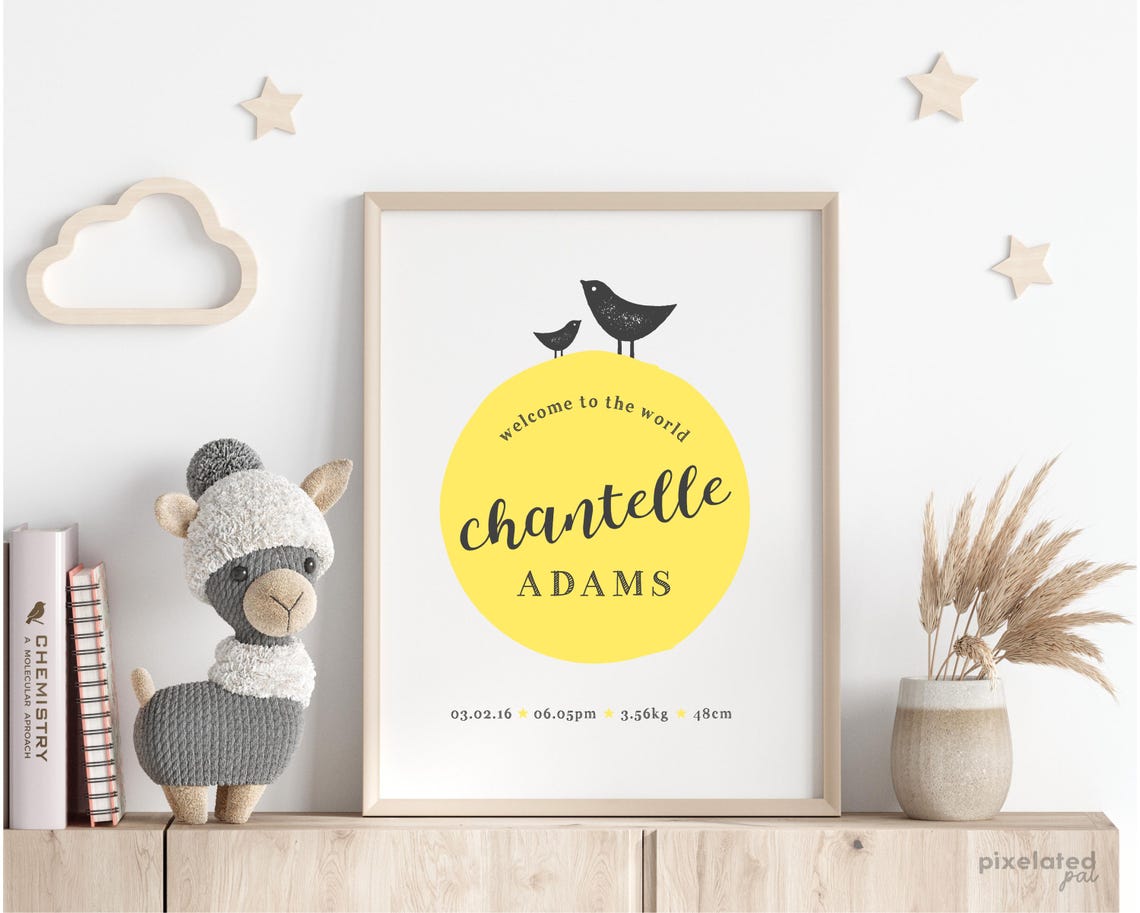 Yellow Circle Bird Birth Stats Personalized Nursery Baby Poster