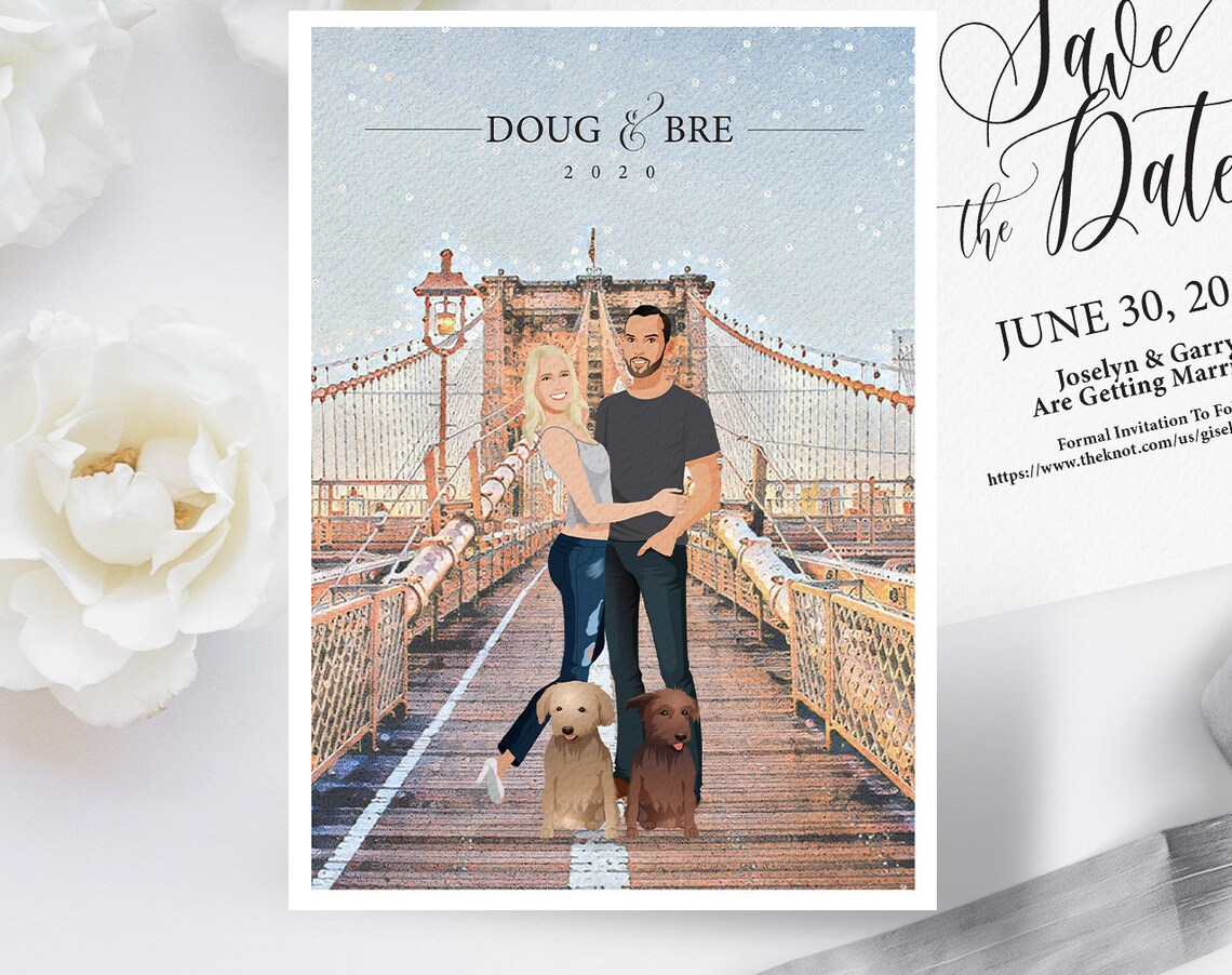 Custom Save the Date Couple Portrait Brooklyn Bridge Art Print - Image 2