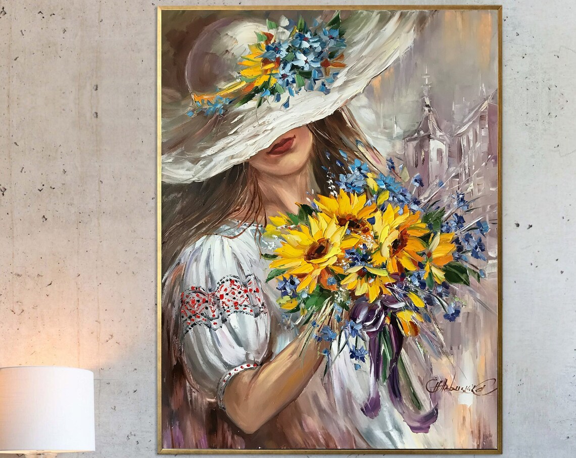 Ukrainian Woman Sunflowers Embroidery Hat Oil Painting Folk Art Poster