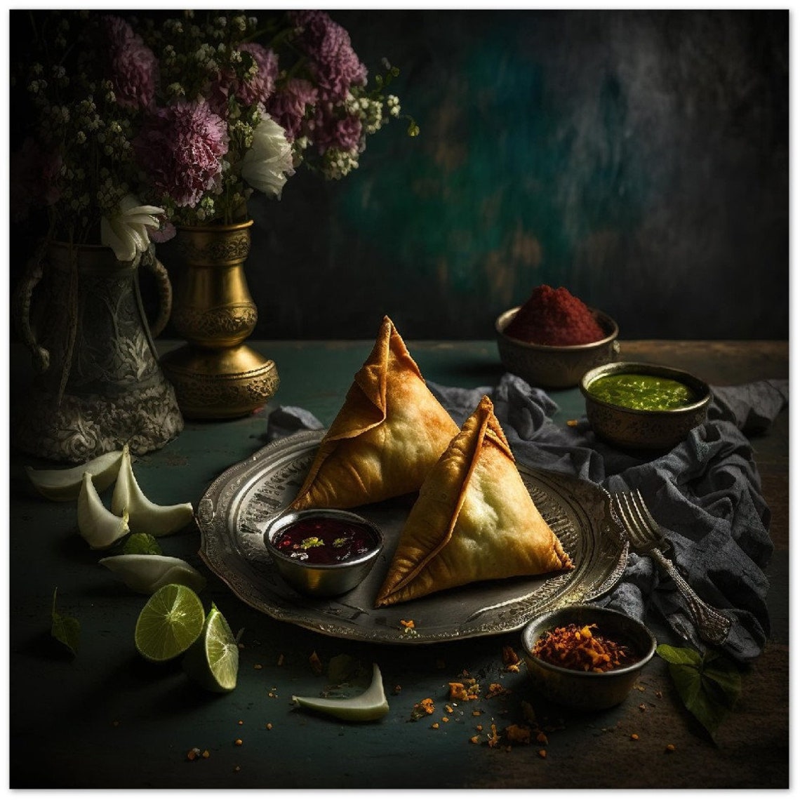 Samosas With Chutneys in Moody Indian Food Photography Poster - Image 4