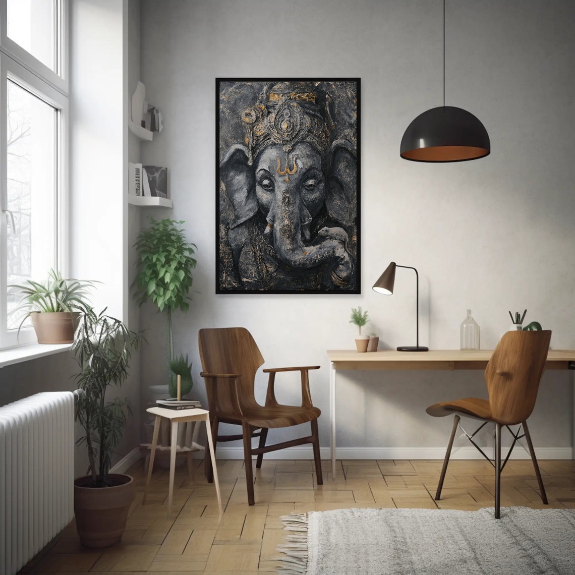 Ganesha with Pet Mouse in Dark Gray and Gold Spiritual Wall Poster - Image 2
