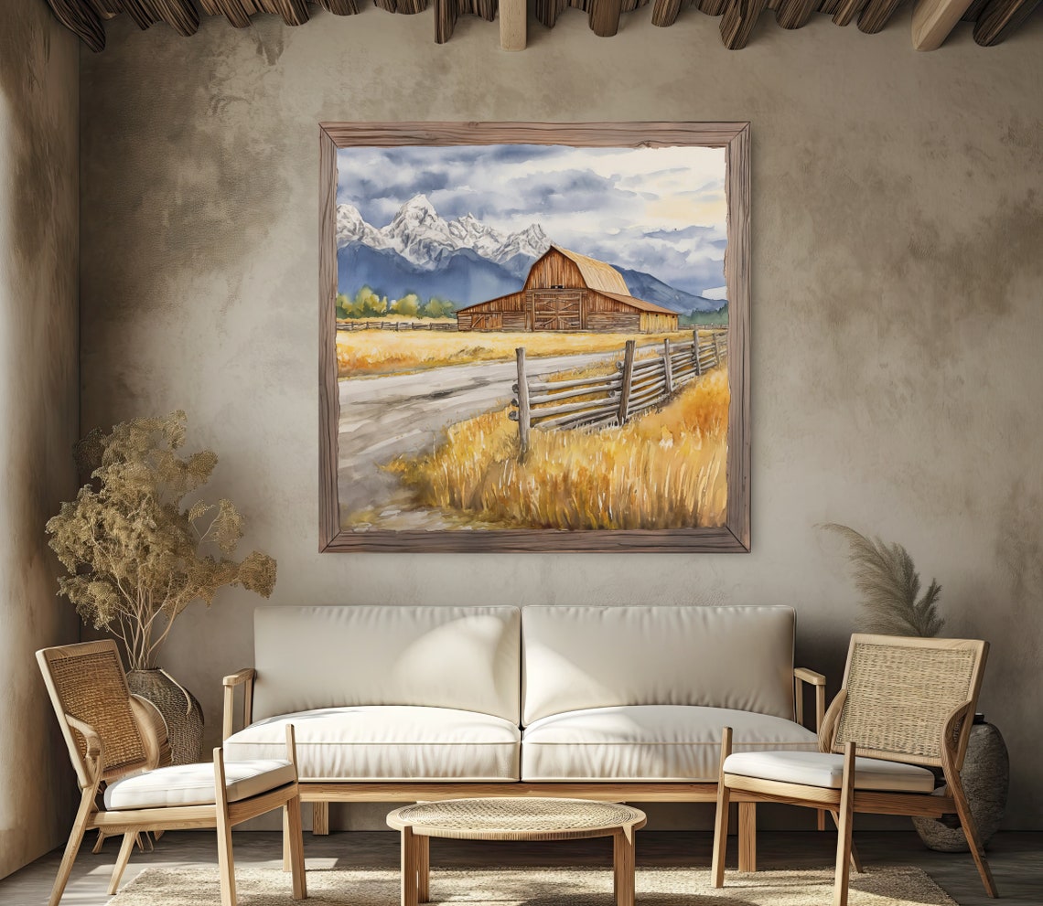 Moulton Barn and Grand Teton Mountains Wyoming Watercolor Poster - Image 2