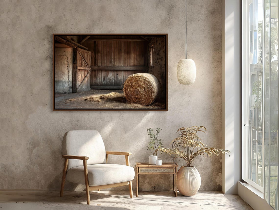 Weathered Old Barn Interior With Round Hay Bale Country Poster - Image 2